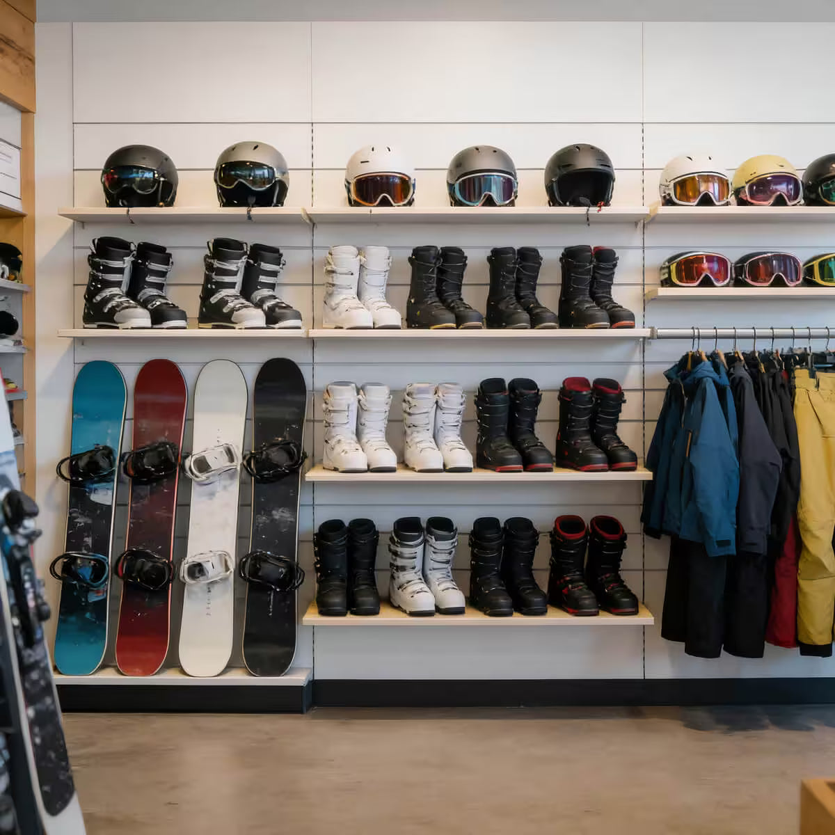 Display of snowboarding gear including helmets, goggles, boots, and snowboards in a store.