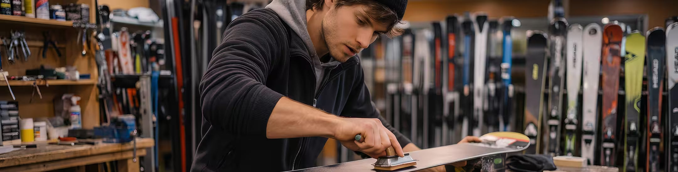 Person sanding a ski in a workshop with ski equipment in the background