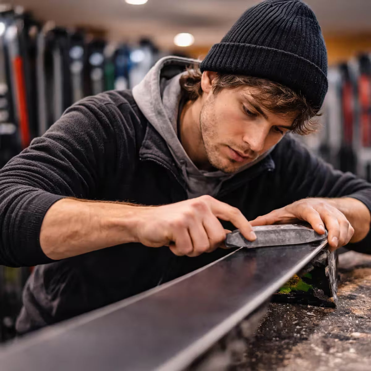 Man sharpening a ski in a store setting