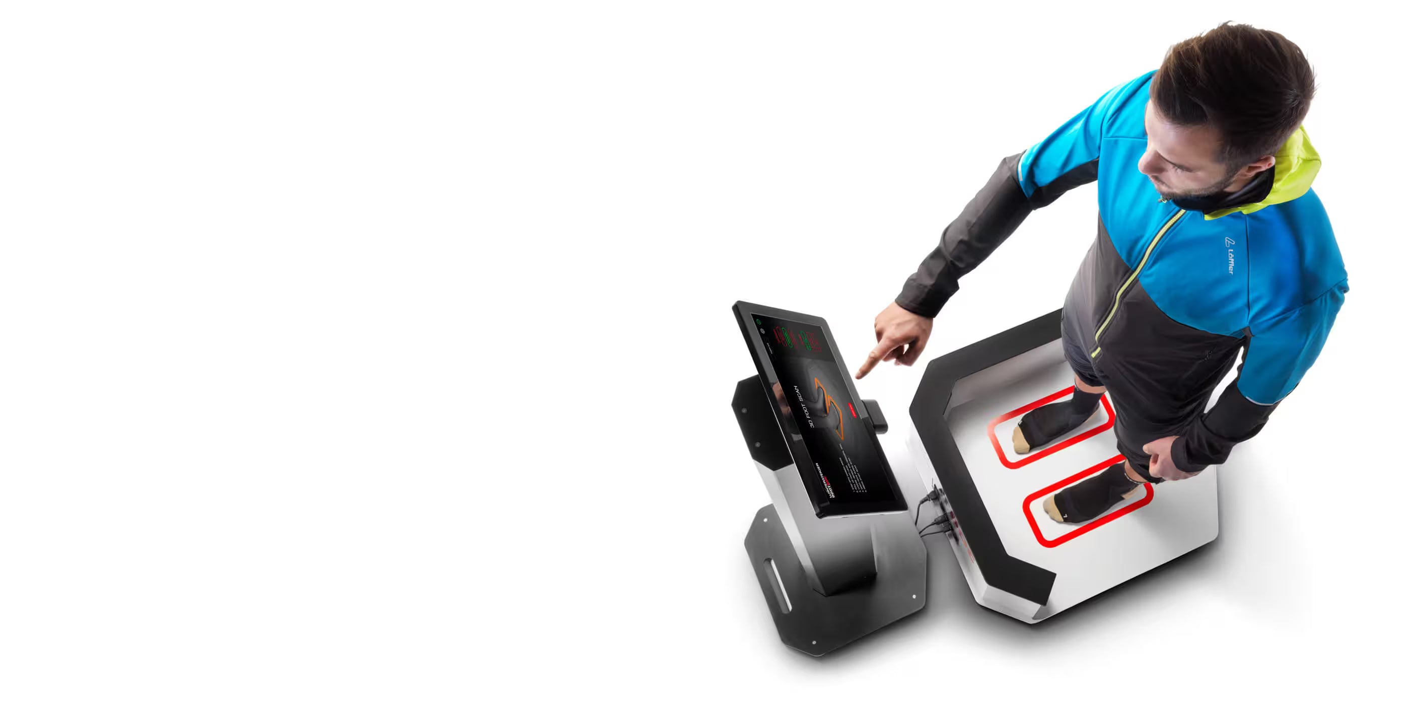 Person using a modern exercise bike with a digital display on a white background