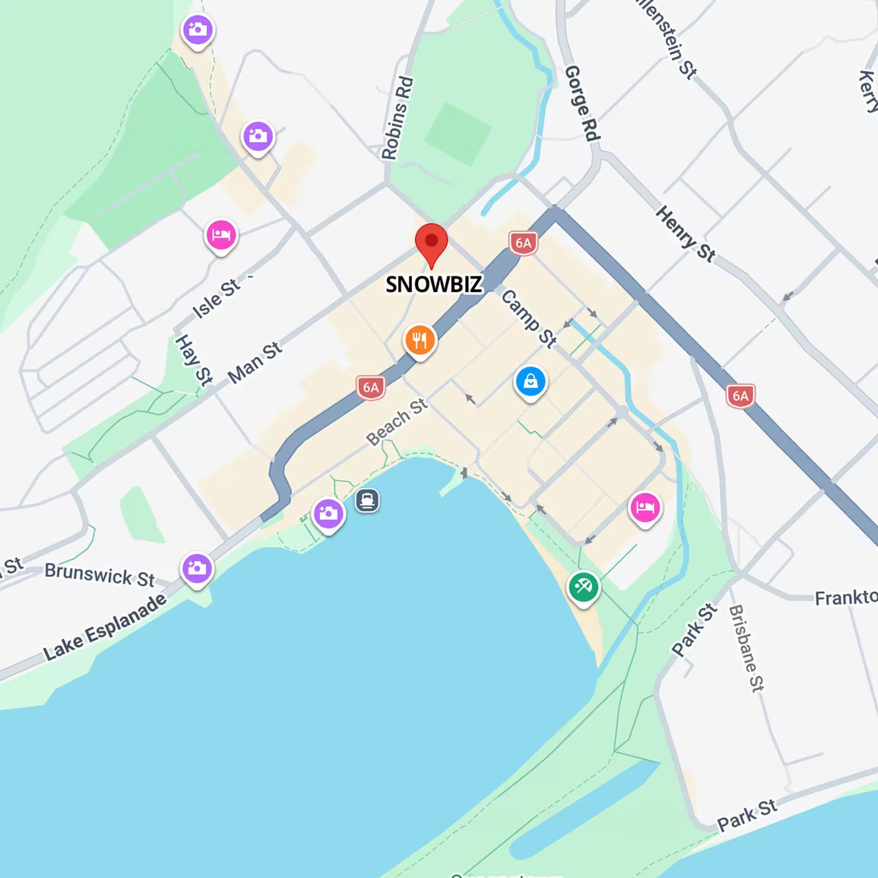 Map of a coastal area with Snowbiz location marked