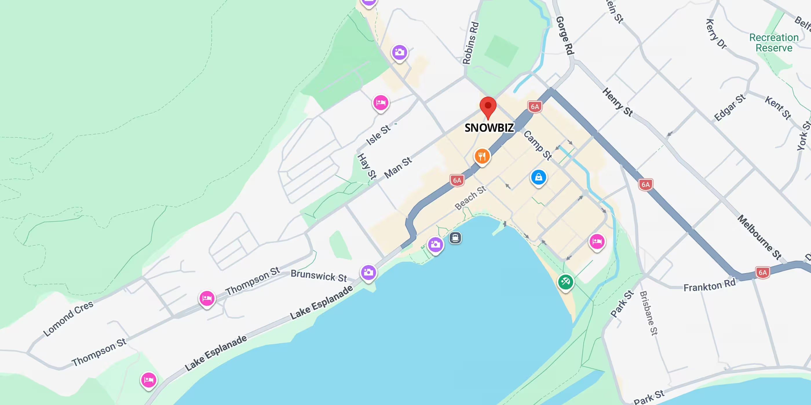 Map of a coastal area with Snowbiz location marked