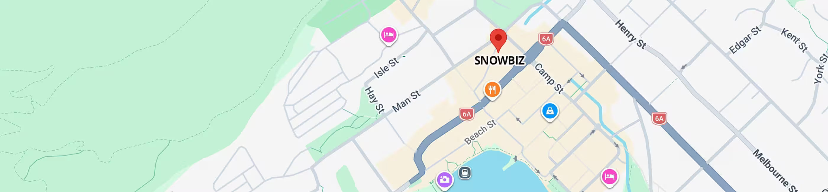 Map with a pin labeled 'SNOWBIZ' on a street layout.