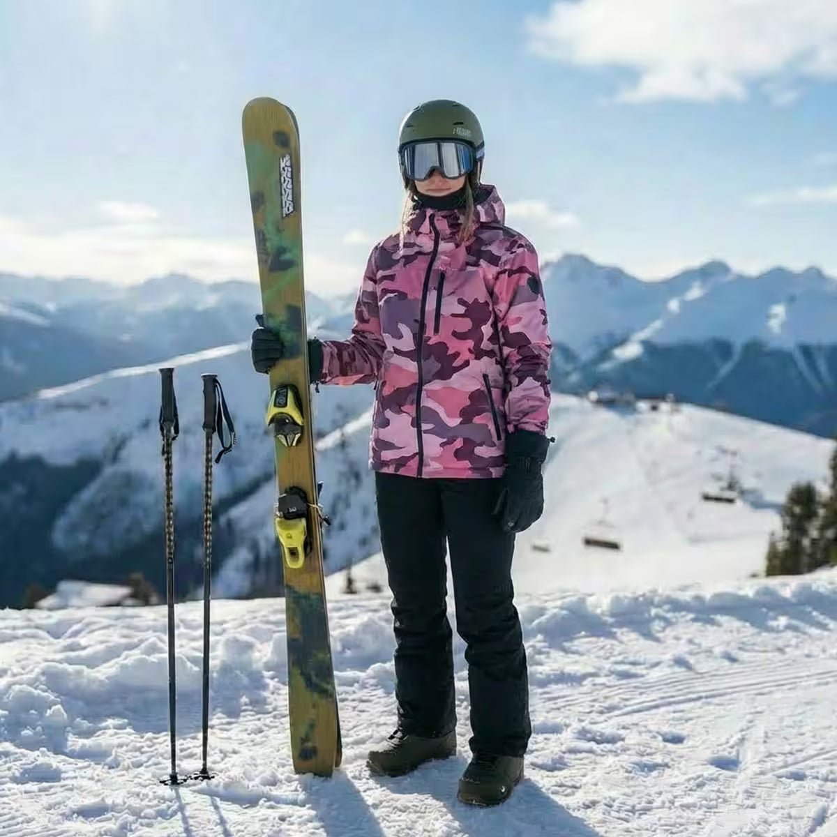 Person in a pink and purple camouflage jacket holding skis on a snowy mountain